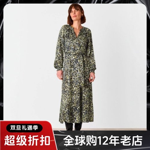 UNI CLOSET长袖连衣裙裹腰中长款系带豹纹气质英伦日常休闲百搭