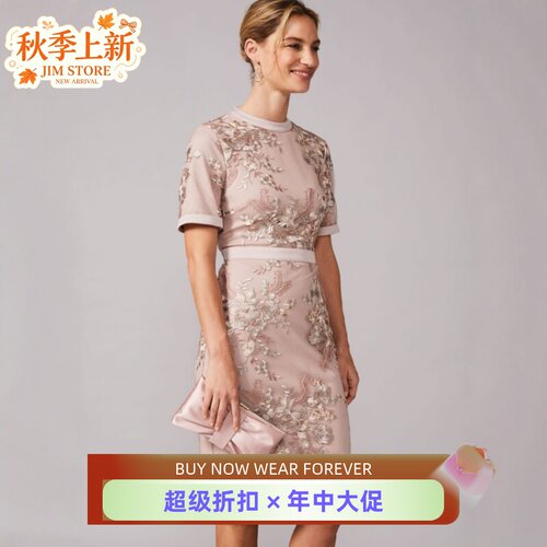 Phase Eight短袖连衣裙礼服裙包臀裙中长款重工刺绣浅灰褐色优雅