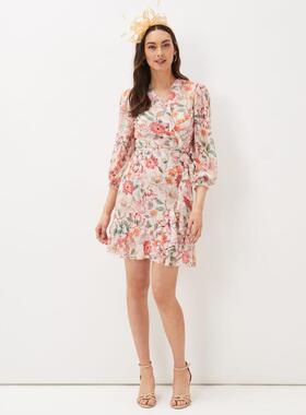 Phase Eight长袖雪纺连衣裙淡粉印花波浪边系带修身清新淑女风