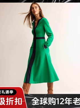 UNI CLOSET长袖连衣裙绿色V领中长一步裙优雅英伦风气质百搭显瘦