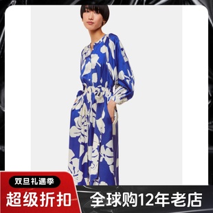 WHISTLES长袖连衣裙蓝白印花圆领系带中长款清新气质英伦风