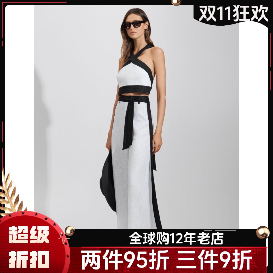 REISS白色女裤长裤休闲裤夏季亚麻系带侧条纹直筒简约休闲气质