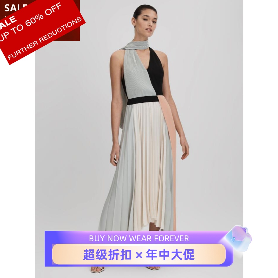 REISS百褶挂脖飘带连衣裙