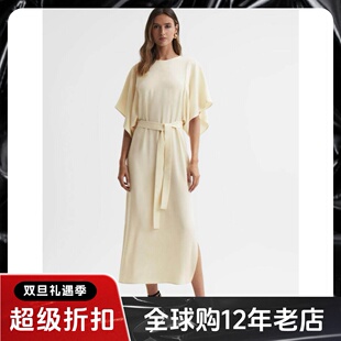 REISS柠檬黄短袖连衣裙飞飞袖中长直筒系带清新大衣简约百搭优雅