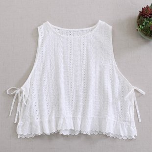 唯柒新款 甜美森系两侧开衩绑带马甲叠穿百搭纯棉镂空刺绣外搭背心