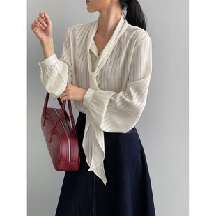 那末气质姐姐~通勤简约飘带条纹衬衫女光泽感亲肤垂感衬衣春