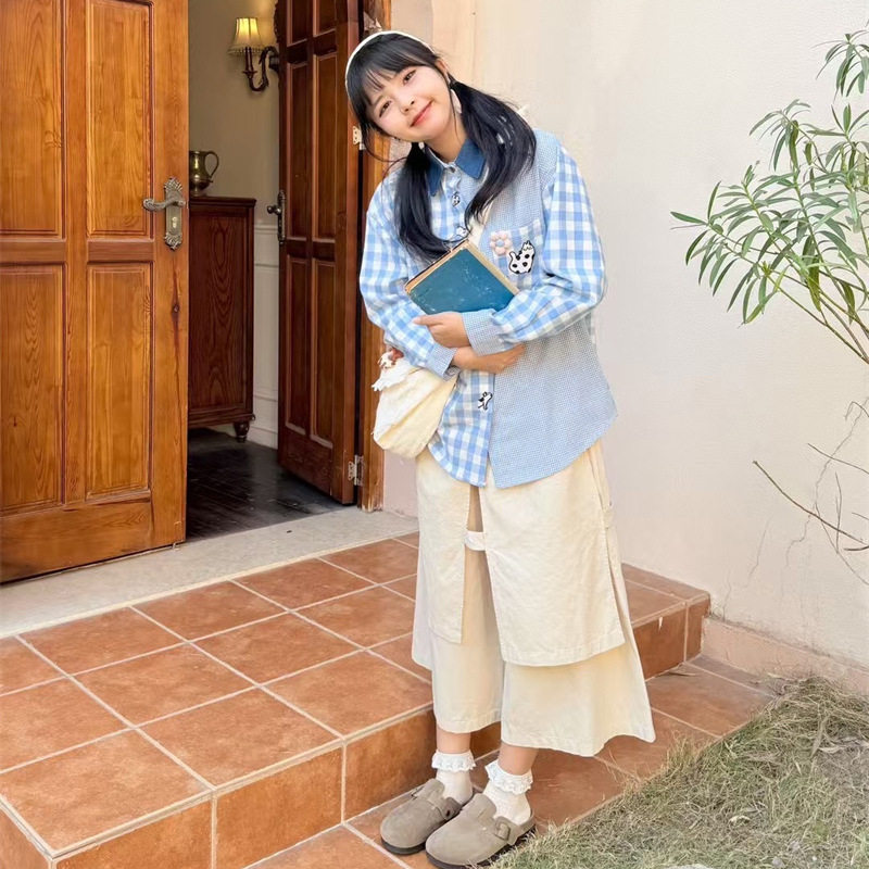 日系复古拼接粉色格子衬衫女春季可爱卡通图案宽松长袖开衫上衣