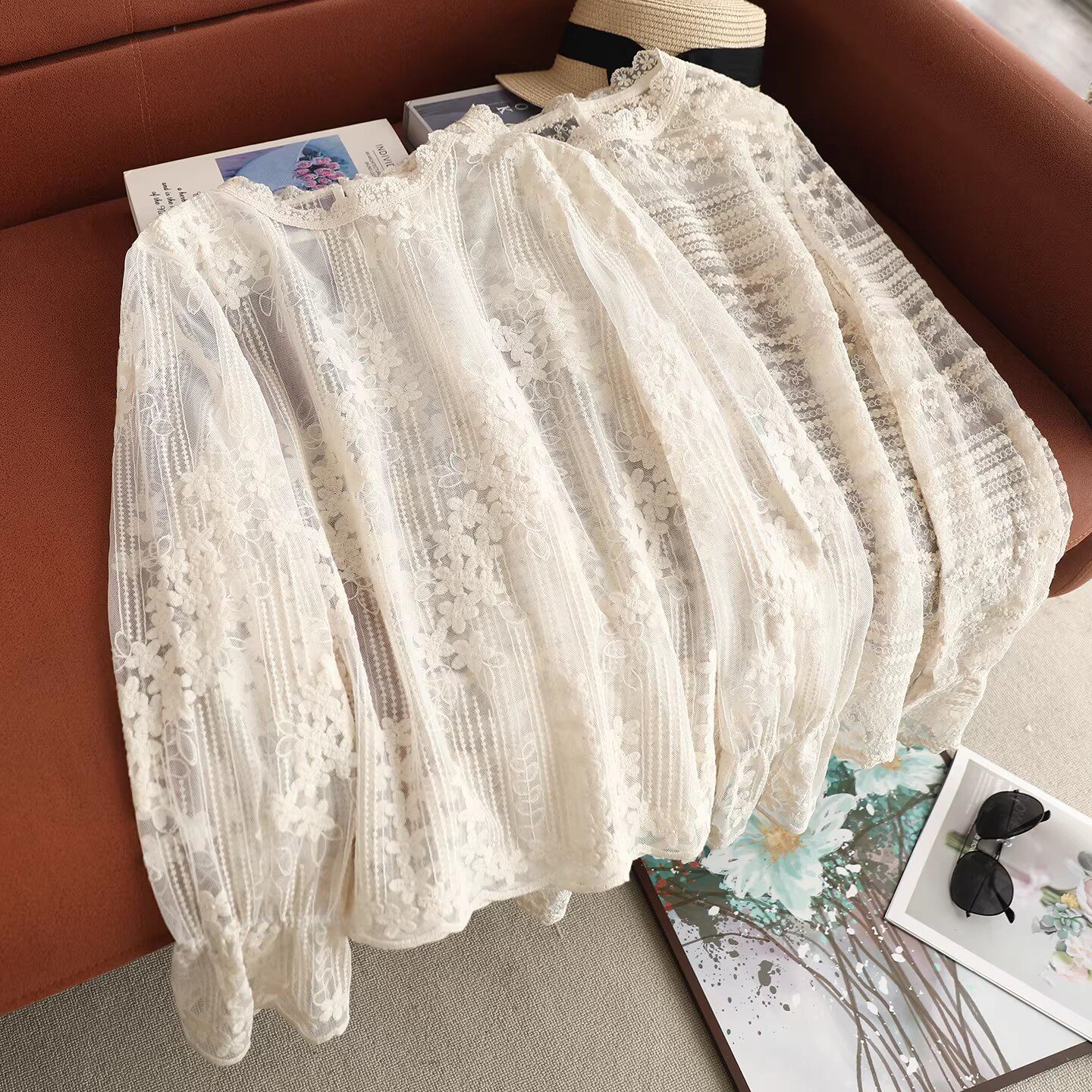 新款甜美清新花边领蕾丝衫女宽松百搭镂空全刺绣纯棉套头小衫上衣