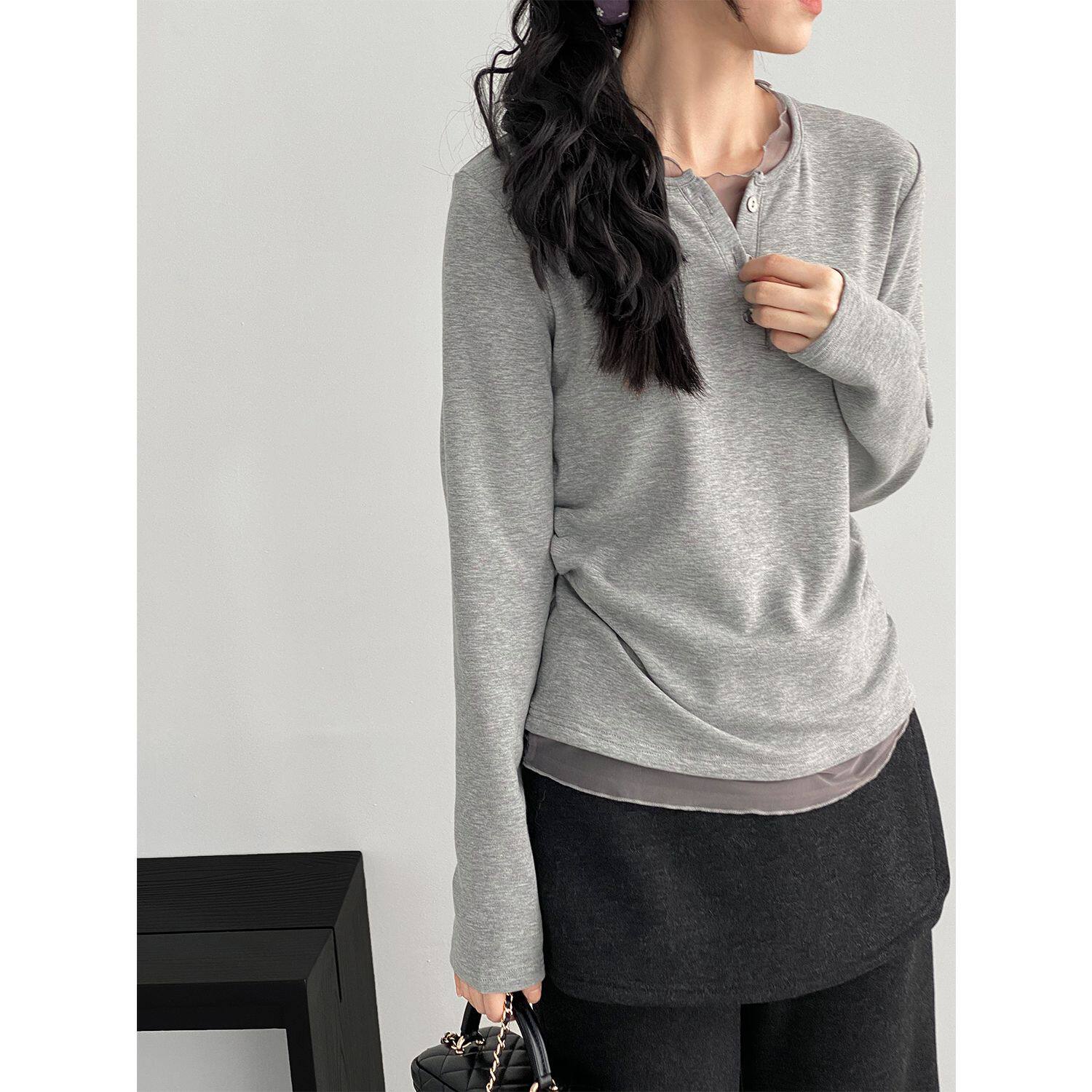 那末韩系设计感假两件网纱拼接打底衫女百搭亲肤加绒长袖T恤