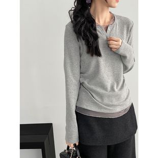 那末韩系设计感假两件网纱拼接打底衫女百搭亲肤加绒长袖T恤