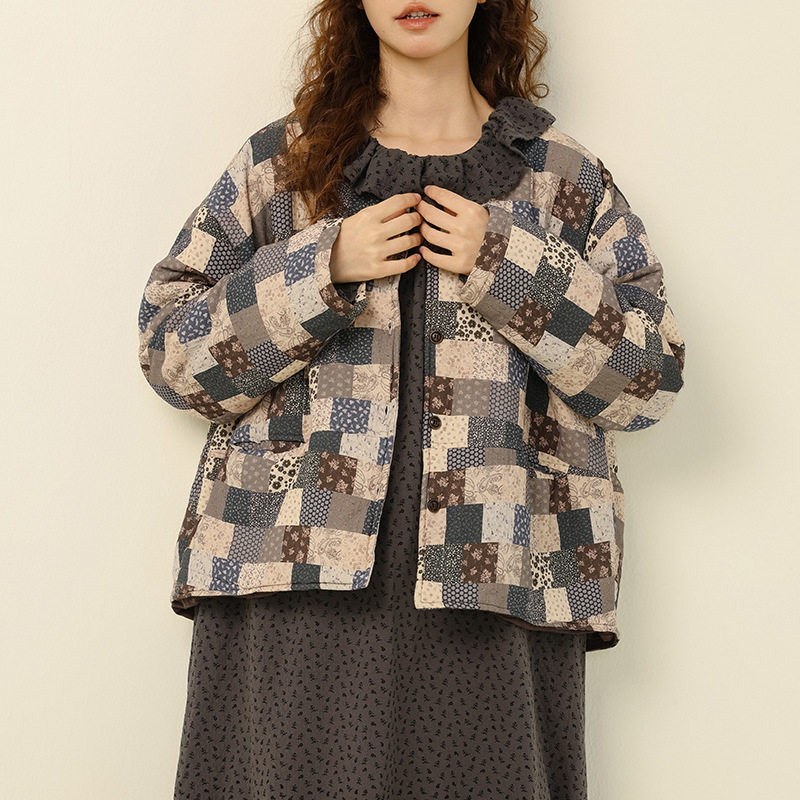 2025冬季新款森女文艺圆领百家布棉服宽松时尚百搭减龄棉衣外套女