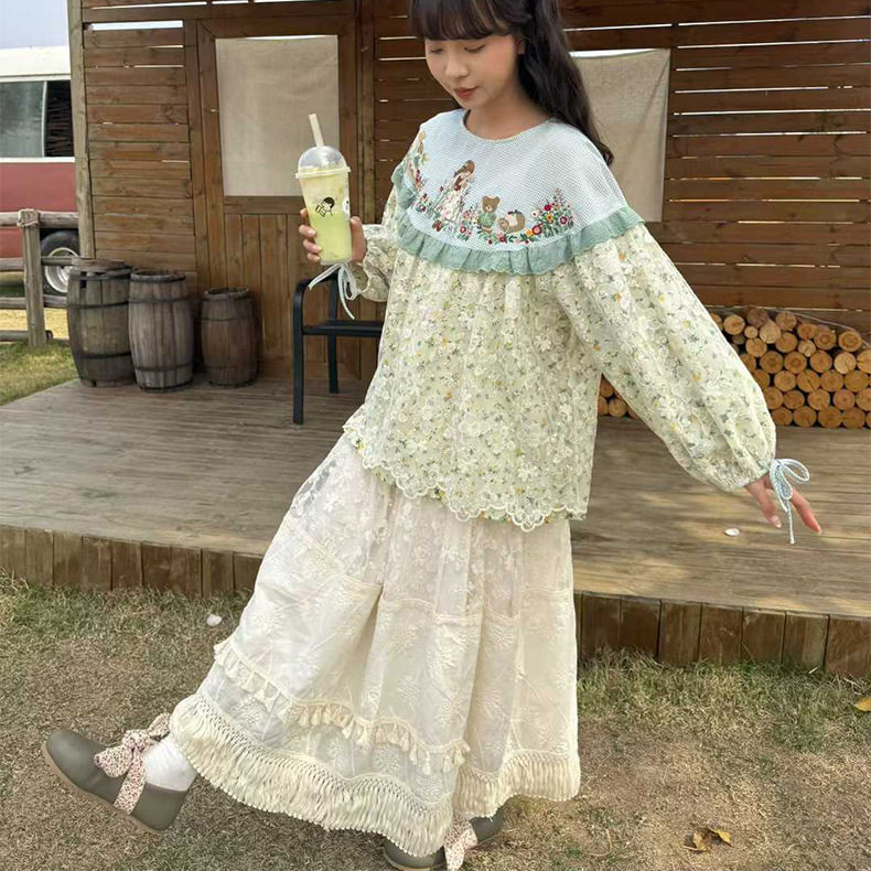 少女蕾丝半身裙春夏季女装法式高腰显瘦气质纯色半身裙流苏边长裙