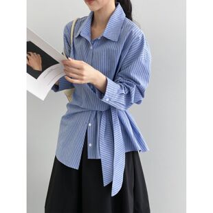 那末早春不规则收腰系带格子衬衫女通勤气质棉麻显瘦长袖衬衣