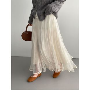 那末 春日仙女裙~重工压褶网纱半身裙女松紧腰垂感飘逸纱裙