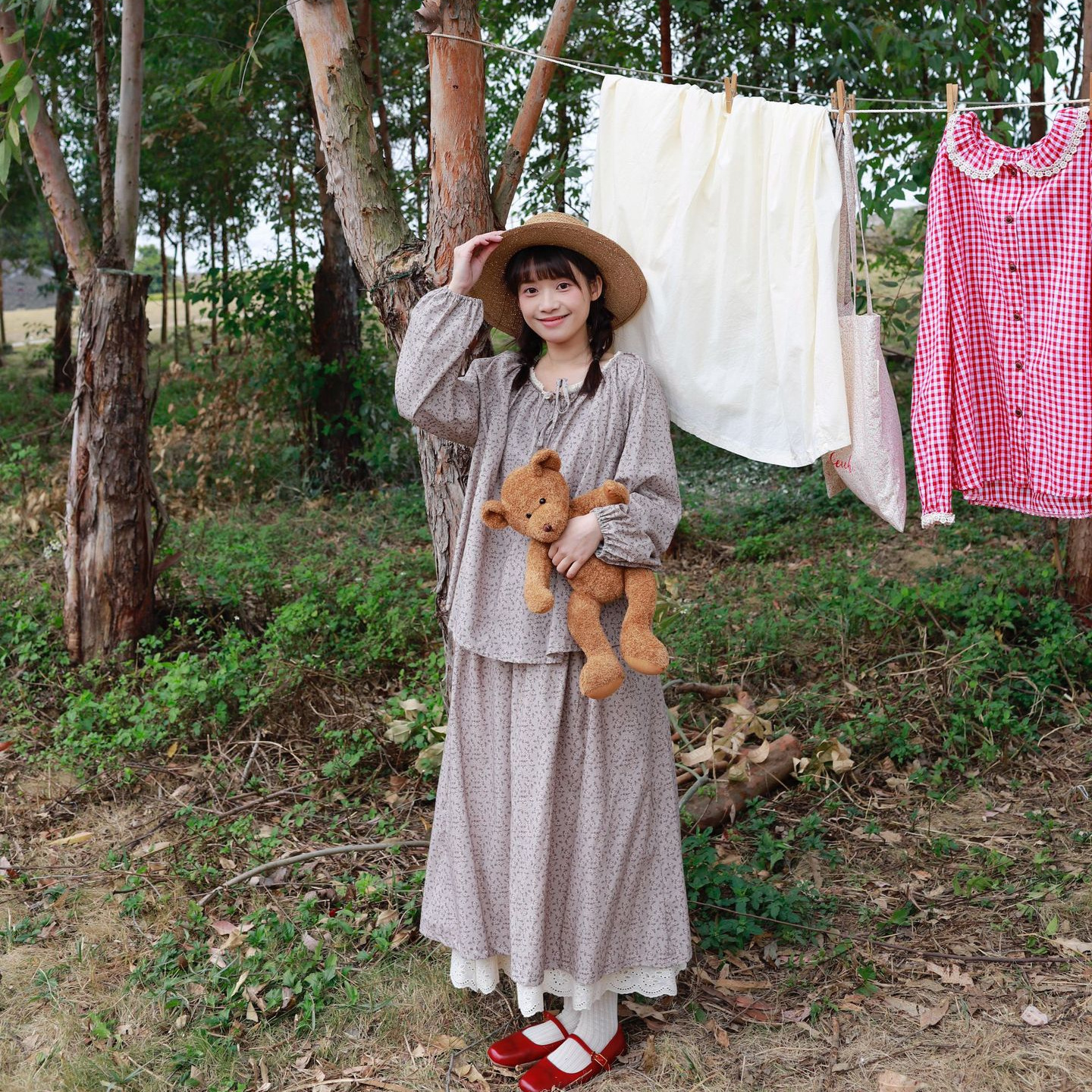 森女文艺碎花长袖衬衫花边拼接半身裙宽松休闲减龄时尚休闲套装女