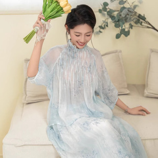春夏新款甜美薄透纯苎麻印花七分袖衬衫女宽松百搭花边圆领套头衫