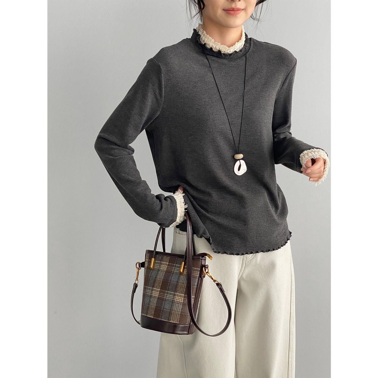 那末温柔风双层蕾丝拼接磨毛打底衫女木耳边百搭软糯内搭上衣