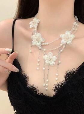 甜美玫瑰蝴蝶结项链小众轻奢高级感锁骨链颈链珍珠配饰温柔气质