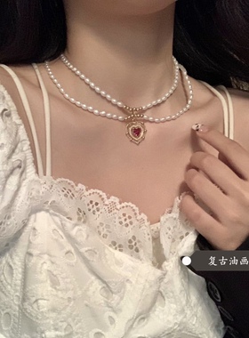 法式少女小众复古巴洛克珍珠Choker锁骨链双层项链