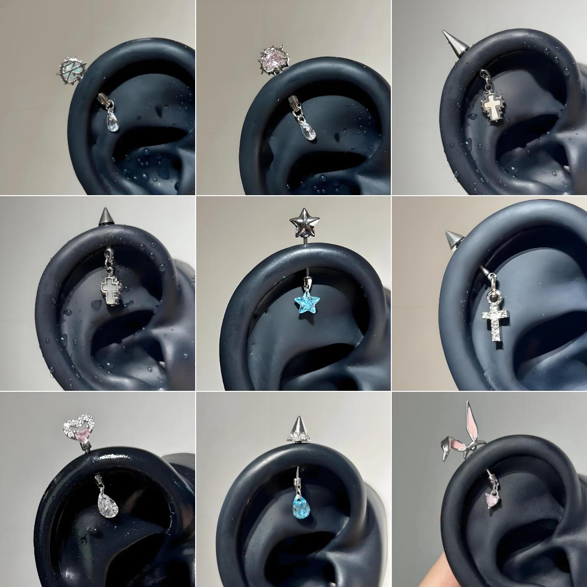 立体恶魔钉耳钉甜酷风粉色猫耳朵水滴吊坠耳蜗耳骨钉精致耳饰女