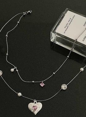 双层叠戴粉色爱心项链女小众设计甜酷锁骨链高级感颈链饰品