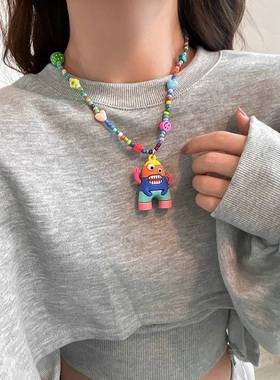 2022新款ins小众卡通怪兽串珠彩色项链嘻哈可爱百搭毛衣卫衣配饰