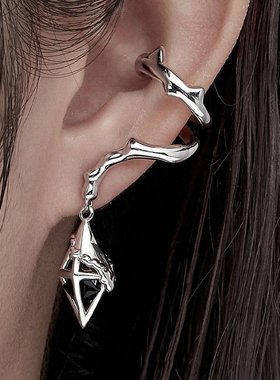 「坠落的陨石」黑色锆石金属耳挂小众设计感高级耳环无耳洞耳饰潮