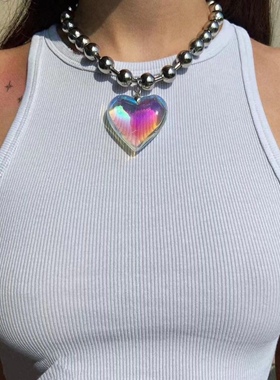 韩版圆珠链玻璃爱心吊坠项链ins女简约珠链小众冷淡风嘻哈锁骨链