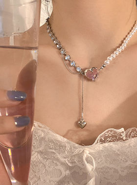 甜酷辣妹~纯欲爱心拼接珍珠项链女小众轻奢高级感2022年新款颈链