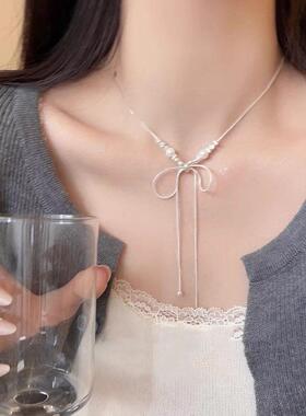 超美抽拉蝴蝶结流苏项链配饰女轻奢小众气质锁骨链简约蛇骨链颈链