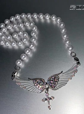 ins风天使翅膀珍珠项链十字架天使之翼锁骨链少女心自制