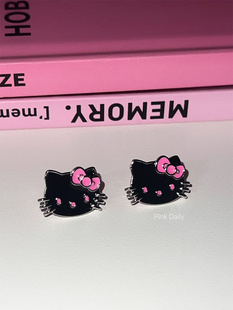 可爱KT耳钉少女黑皮凯蒂猫耳环y2k亚文化耳饰无耳洞耳夹