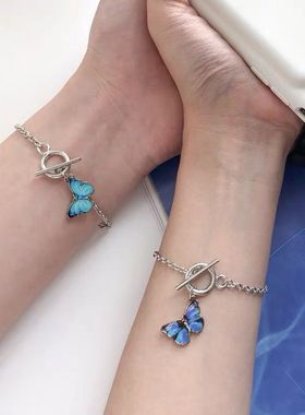 小众蓝色钛钢一字手环lisa同款