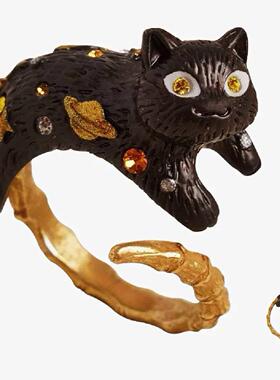 热销新款静电场朔合作款黑色骨猫戒指高级时尚感黑色骨猫戒指饰品