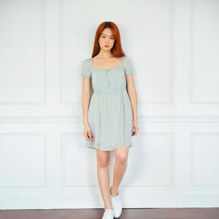 连衣裙小方领娃娃时尚 领纯欲风系带短袖 套头裙 夏法式 外贸原单女装