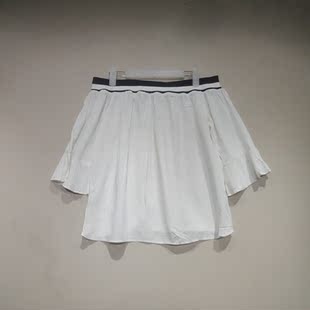 新款 显瘦喇叭袖 法式 修身 上衣 复古小性感露肩一字领纯棉短款 夏季