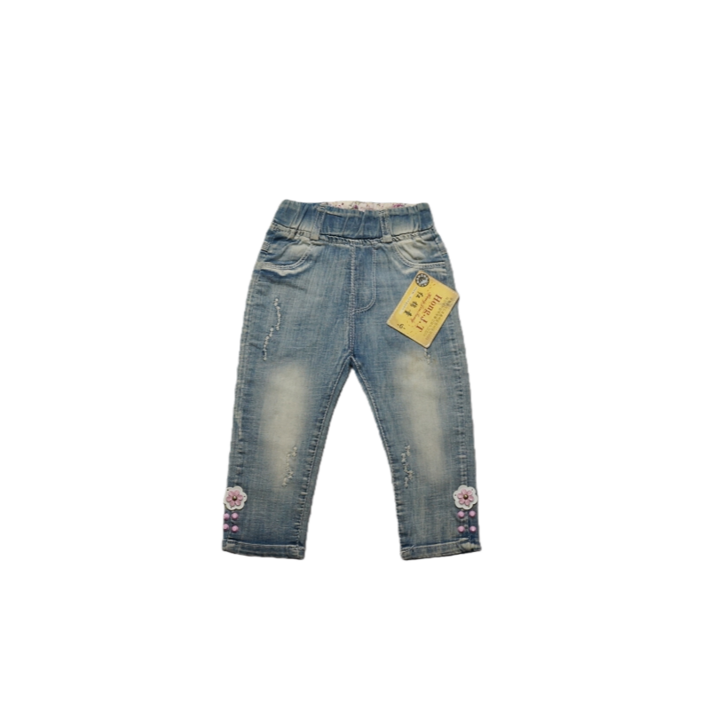 女童刺绣破洞九分修身牛仔裤