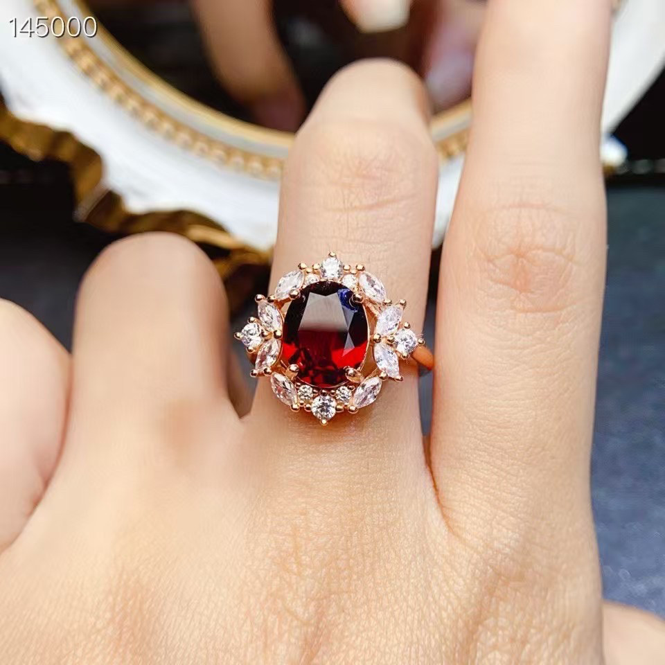 天然石榴石戒指S925银镶嵌主戒指/指环