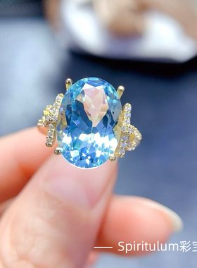 天然天空蓝托帕石戒指尺寸10×14mm925纯银镀金支持检测