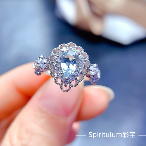 天然海蓝宝戒指主石尺寸5×7mm925纯银镀金支持检测