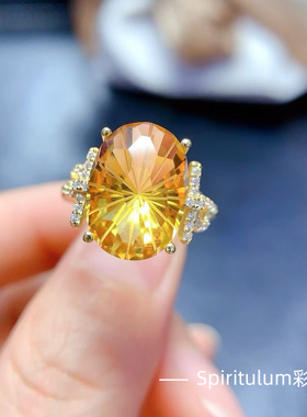 精品烟花黄水晶戒指主石尺寸10×14mm925纯银镀金支持检测