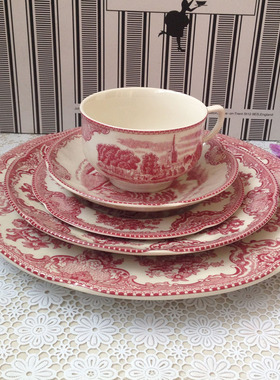 外贸出口英国Johnson brothers原单红色城堡餐具中西餐盘子咖啡杯