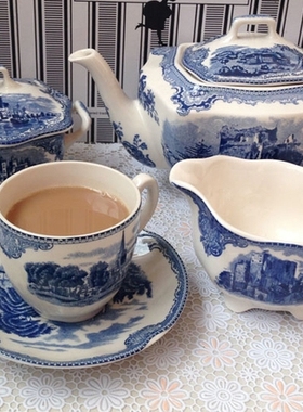 外贸出口英国Johnson brothers原单蓝色城堡餐具中西餐盘子咖啡杯