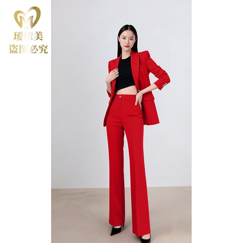高端西装女秋冬红色通勤职业装显瘦时尚正肩西服显瘦气质休闲修身
