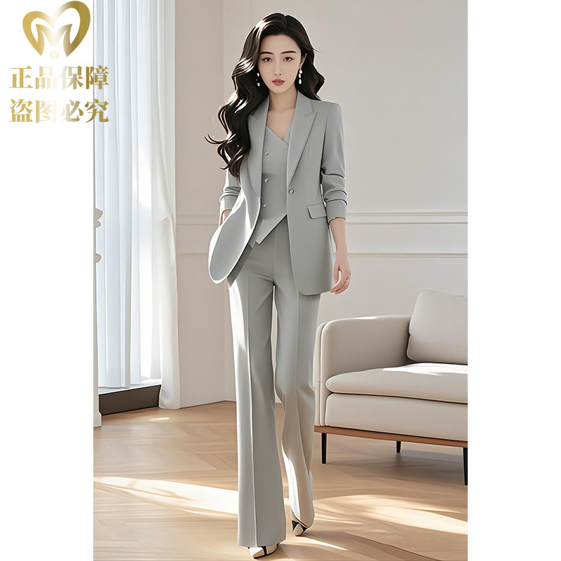 浅灰色西装外套女神范显瘦高级感通勤休闲职业套装爆款春秋装