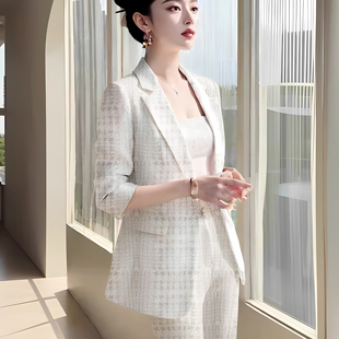 高个子两件套夏款醋酸短袖西装高级感正装网红时尚小西装修身气质