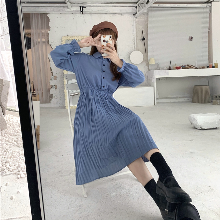 Real shot real price autumn new Korean fashion versatile waist show thin mid length pleated skirt