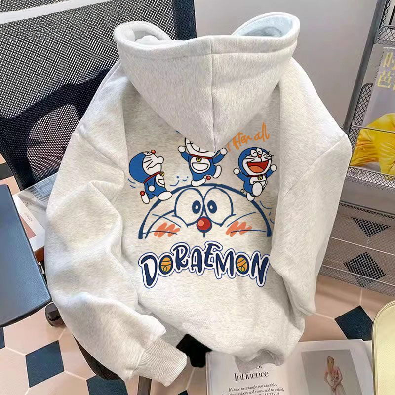 哆啦A梦连帽印花卫衣秋冬季男女新款情侣装加绒加厚宽松上衣外套