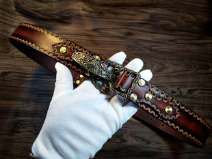 美胺植鞣牛皮纯手工制作 复古骑兵扣腰带 马头花纹纯铜扣头皮带厚