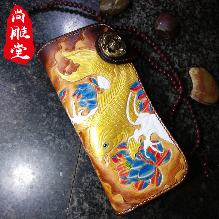 植鞣牛皮 纯手工雕刻皮雕招财鲤鱼荷花钱夹，真皮钱包